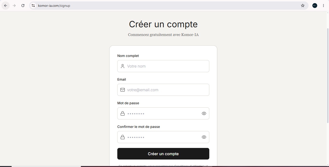 Page d'inscription Komor-IA