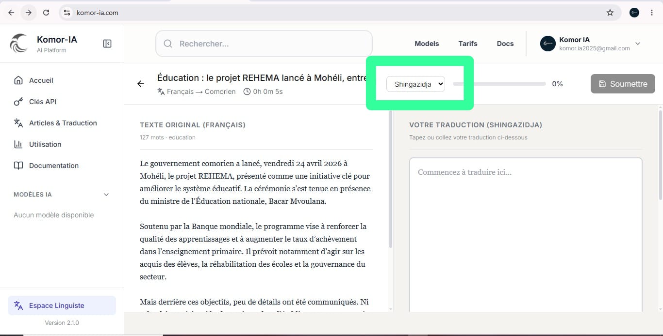 Sélection du dialecte de traduction